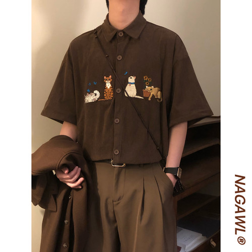 NAGAWL夏季美式复古潮牌猫咪刺绣百搭休闲短袖美拉德衬衫上衣男女