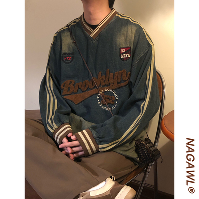 NAGAWL秋季美式复古宽松休闲植绒字母拼接V领牛仔长袖T恤套头卫衣