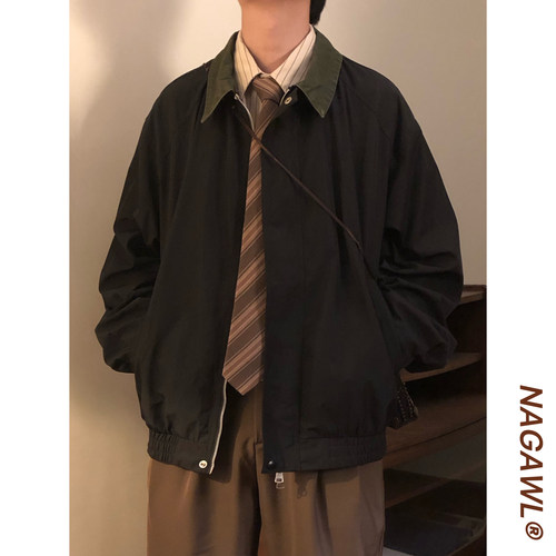 NAGAWL秋季美式复古宽松潮牌街头痞帅撞色翻领百搭拉链夹克外套男