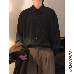 NAGAWL早秋美式复古宽松竖条纹折叠纹理黑色高级感长袖衬衫上衣男
