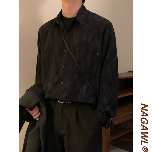 NAGAWL2026秋季美式复古宽松潮牌暗黑系水波纹晕染长袖衬衫上衣男