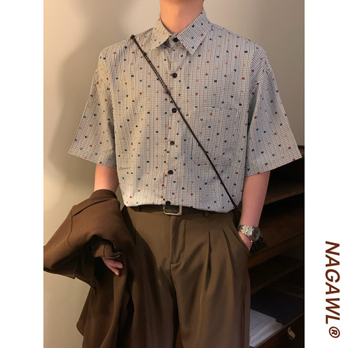 NAGAWL2026夏季美式复古爱心印花格纹衬衫男宽松百搭潮牌短袖上衣