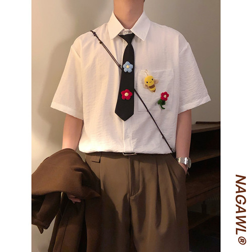 NAGAWL2026夏季美式复古趣味领带衬衫男女宽松休闲情侣休闲款上衣
