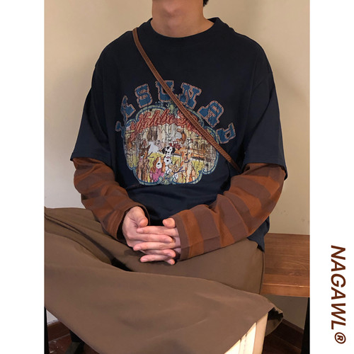 NAGAWL美式复古假两件长袖T恤秋季新款美拉德做旧条纹拼接上衣男