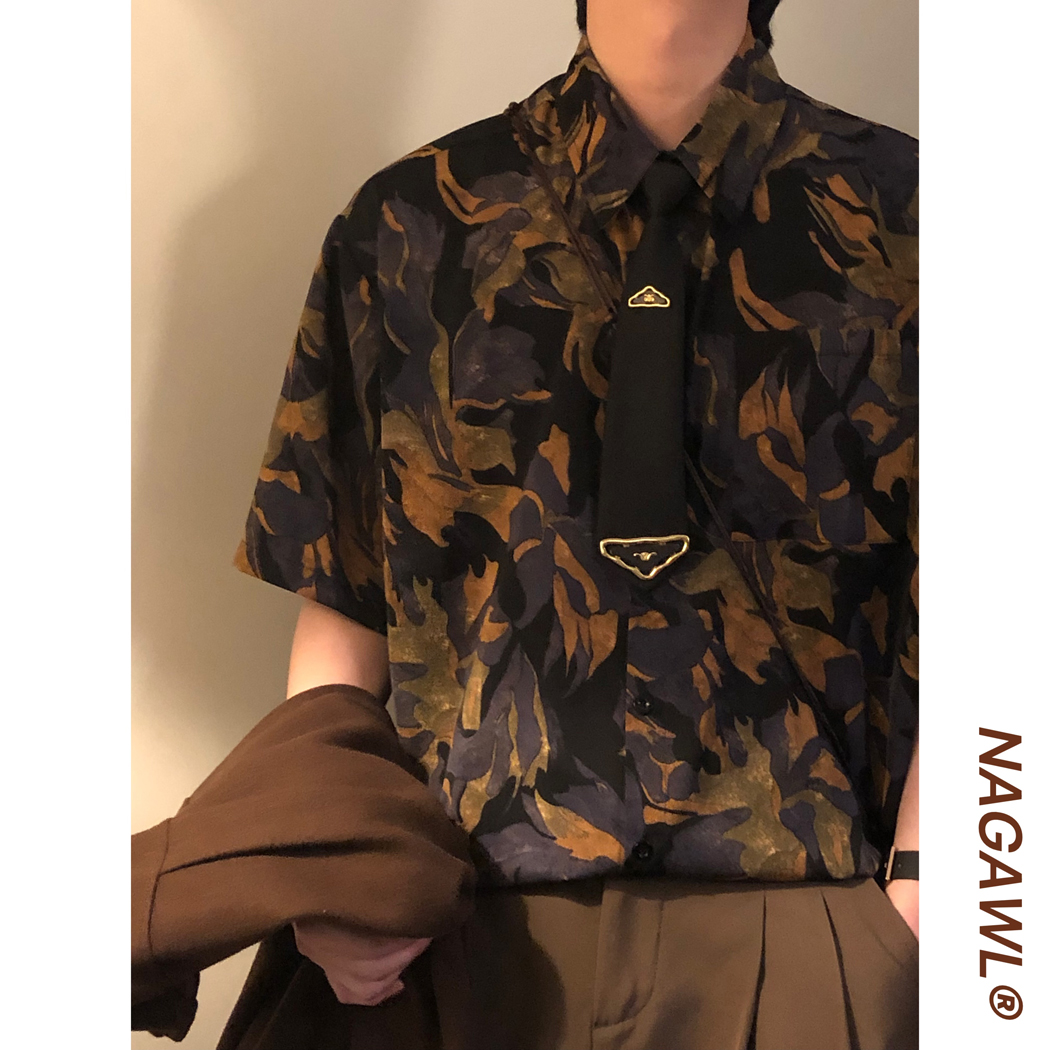 NAGAWL夏季美式复古潮牌休闲个性港风艺术感宽松短袖衬衫上衣男女