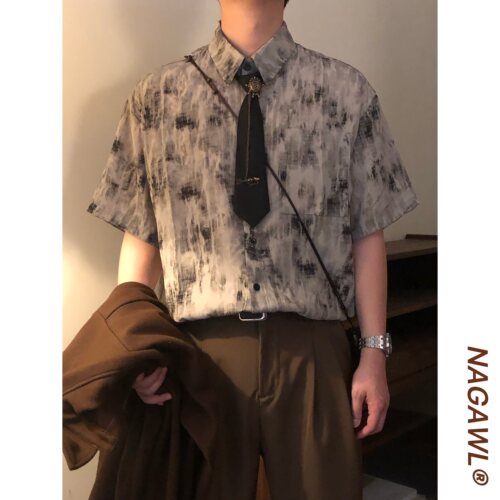 NAGAWL2026夏季小众水墨晕染扎染衬衫男慵懒风宽松百搭款短袖上衣