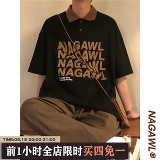 NAGAWL日系cityboy休闲字母印花polo衫短袖男bf宽松港风翻领上衣