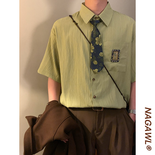 NAGAWL2026夏季美式复古学院风肌理感衬衫男宽松百搭潮牌短袖上衣