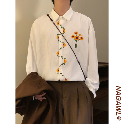 NAGAWL2026春季日系复古向阳花刺绣长袖衬衫男女宽松港风潮流衬衣