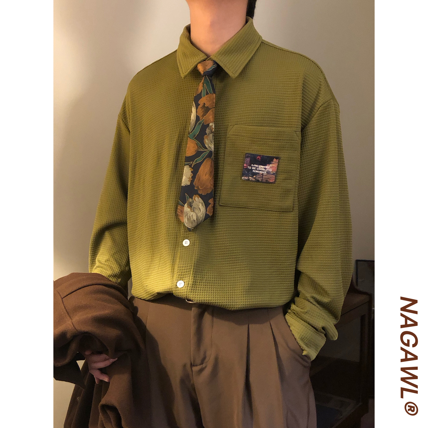 NAGAWL秋季日系复古纯色休闲简约百搭华夫格宽松长袖衬衫情侣上衣