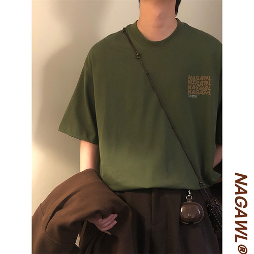 NAGAWL2025夏季新款美式复古宽松字母设计感圆领短袖T恤上衣男潮