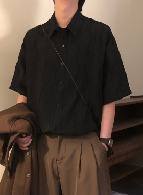 NAGAWL夏季美式复古宽松褶皱肌理感黑色痞帅休闲短袖衬衫上衣男潮