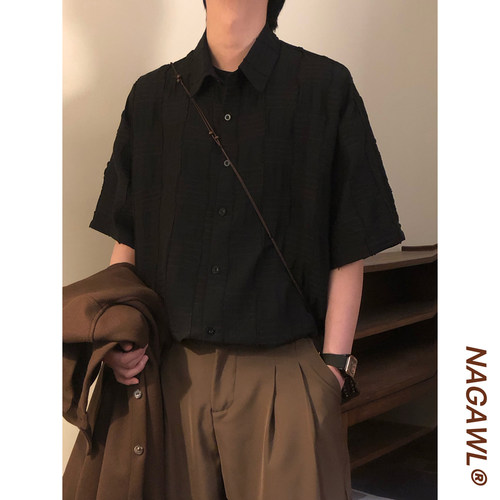 NAGAWL夏季美式复古宽松褶皱肌理感黑色痞帅休闲短袖衬衫上衣男潮