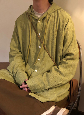 NAGAWL秋季日系复古宽松百搭松弛感镂空肌理连帽长袖衬衫外套男女