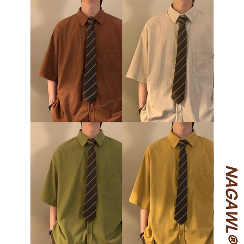 NAGAWL2025夏季宽松纯色百搭学院风休闲短袖polo领衬衫上衣男女潮
