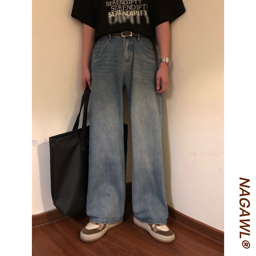NAGAWL夏季美式复古潮牌街头宽松直简阔腿百搭休闲水洗牛仔长裤男