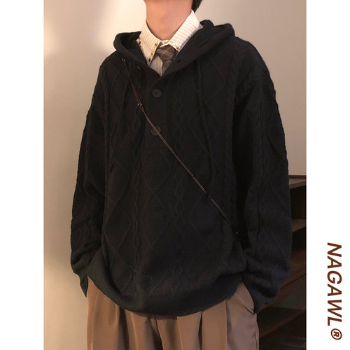 NAGAWL秋冬日系复古宽松慵懒风麻花肌理半开襟连帽针织衫毛衣外套