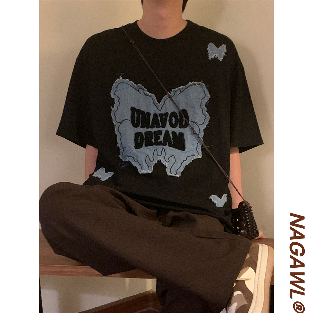 NAGAWL2025夏季新款美式复古蝴蝶设计刺绣印花圆领短袖T恤上衣男
