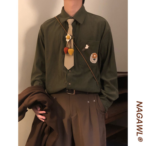 NAGAWL秋季美式复古宽松灯芯绒设计感花朵领带休闲长袖衬衫上衣男