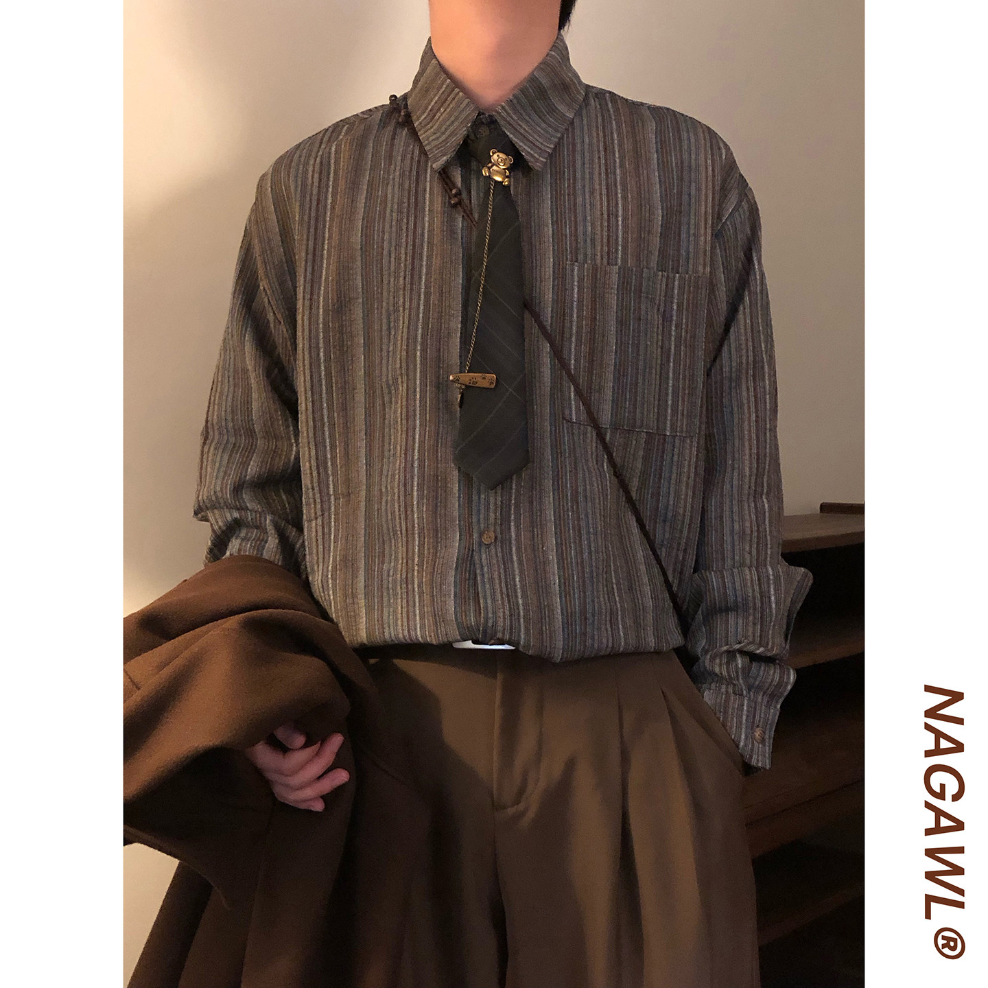 NAGAWL2026春季日系复古休闲风条纹POLO领长袖衬衫男宽松潮牌上衣