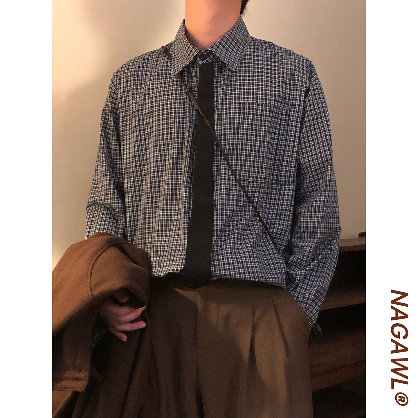 NAGAWL2026春季美式复古学院风纹长袖衬衫男女宽松百搭设计感上衣