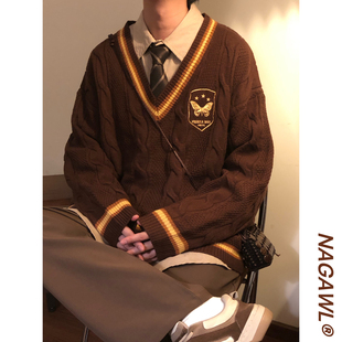 Nagaw冬季美式复古蝴蝶提花宽松日系学院风刺绣V领毛衣男针织衫潮