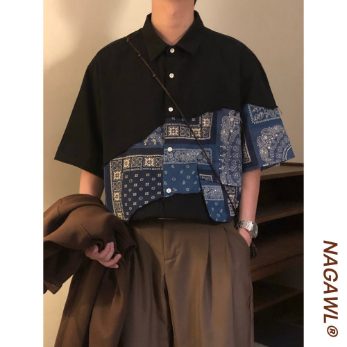 NAGAWL夏季美式复古潮牌撞色拼接民族风宽松休闲短袖衬衫上衣男女