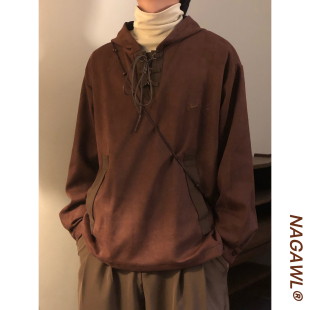 NAGAWL秋季美式复古潮牌字母小刺绣绑绳卫衣宽松休闲长袖连帽上衣