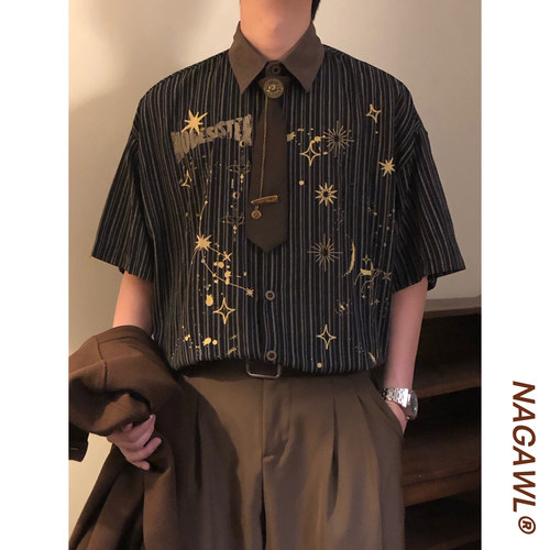 NAGAWL夏季美式复古潮牌学院风宽松休闲条纹星星印花短袖衬衫上衣