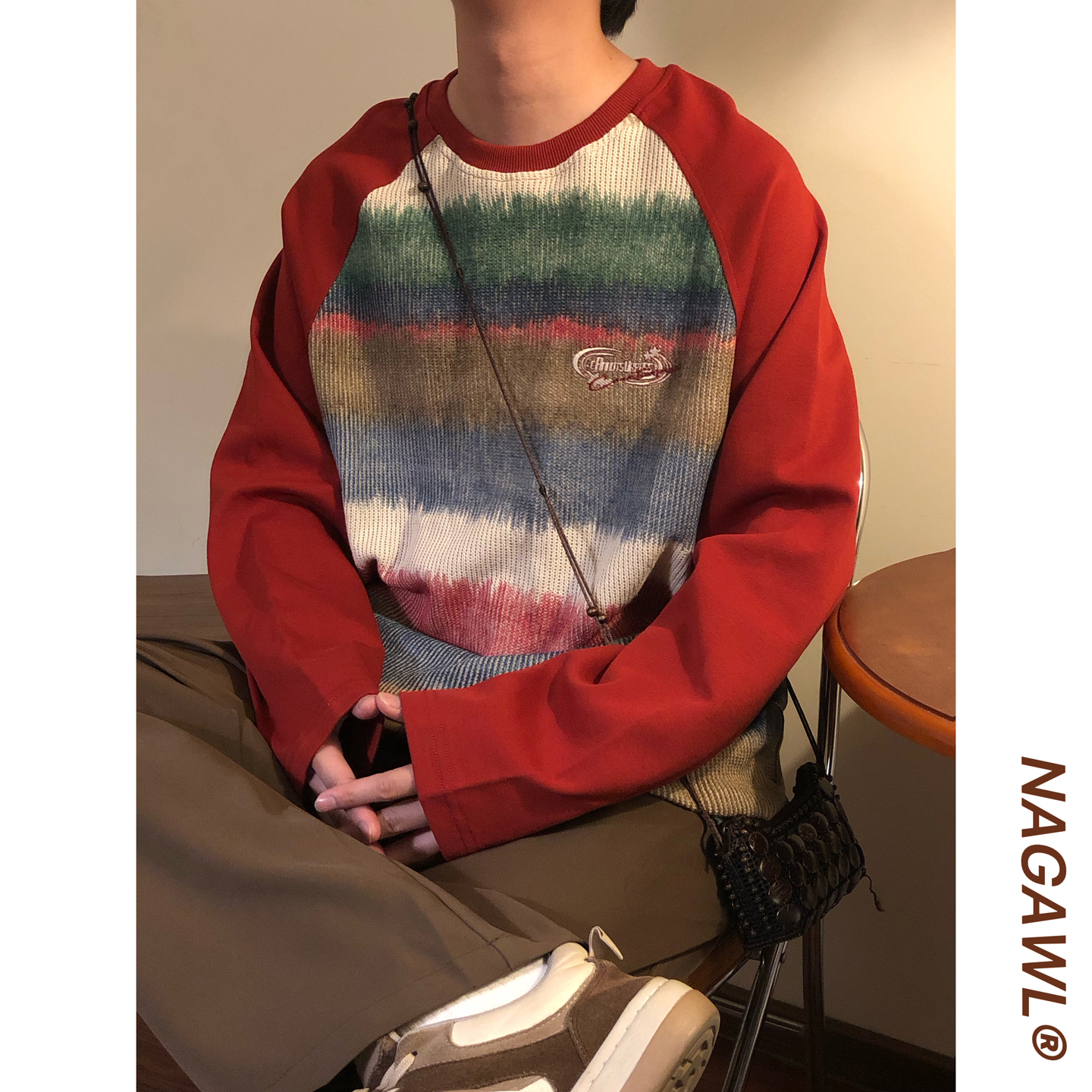 NAGAWL秋季美式复古拼接宽松拼色渐变圆领插肩袖套头长袖卫衣男女