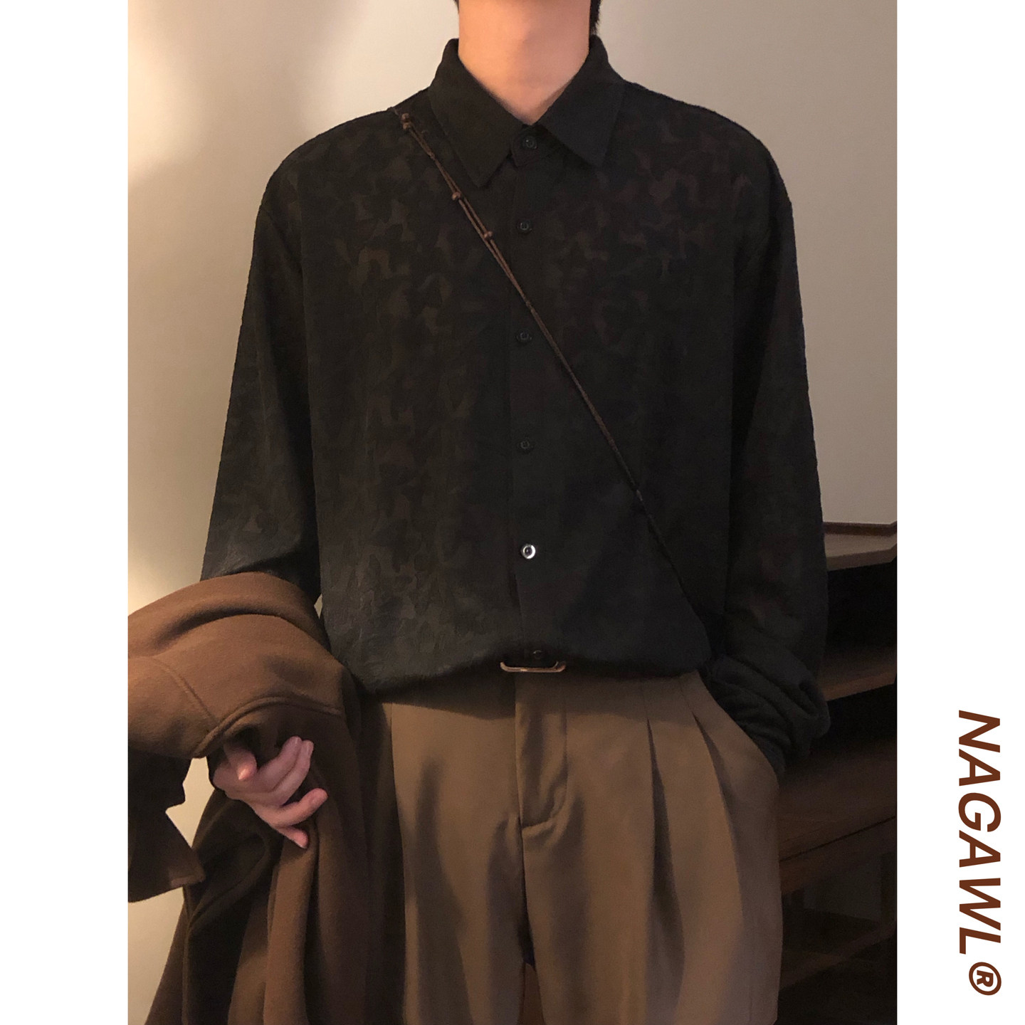 NAGAWL早秋美式复古宽松潮牌高级感黑色小众印花长袖衬衫上衣男女