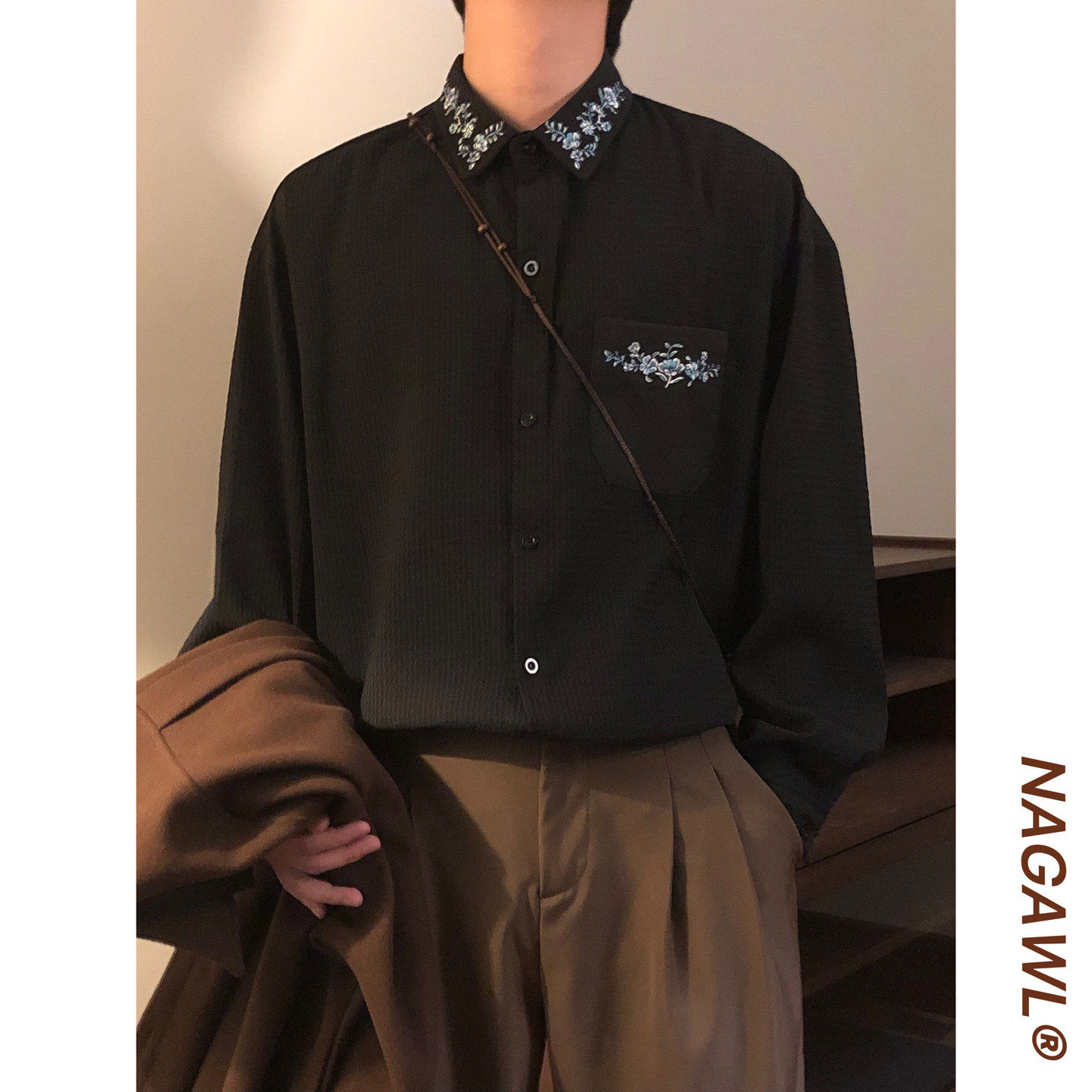 NAGAWL秋季美式复古设计感花卉印花宽松休闲百搭长袖衬衫上衣男女