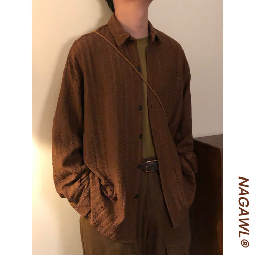 NAGAWL秋冬日系复古宽松潮牌设计感条纹百搭休闲长袖衬衫上衣男女