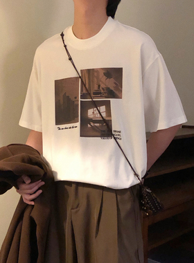 NAGAWL夏季美式复古个性印花潮牌痞帅白色休闲圆领短袖T恤上衣男