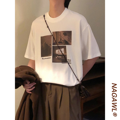 NAGAWL夏季美式复古个性印花潮牌痞帅白色休闲圆领短袖T恤上衣男
