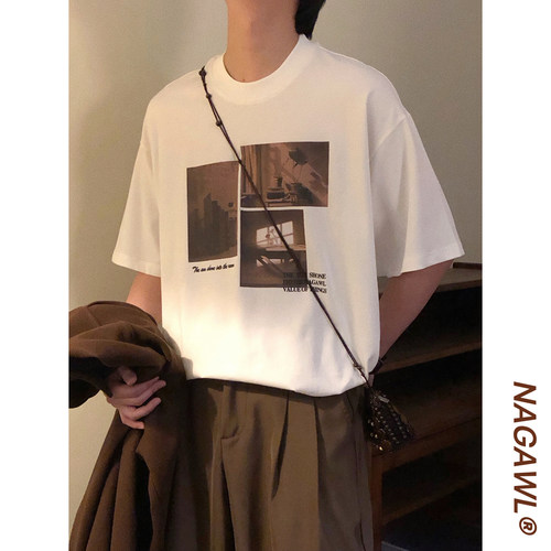 NAGAWL夏季美式复古个性印花潮牌痞帅白色休闲圆领短袖T恤上衣男