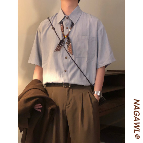 NAGAWL2026夏季美式复古学院风肌理衬衫男宽松百搭款潮牌短袖上衣