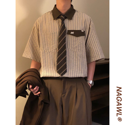 NAGAWL夏季美式复古学院风百搭撞色领条纹宽松休闲短袖衬衫上衣男