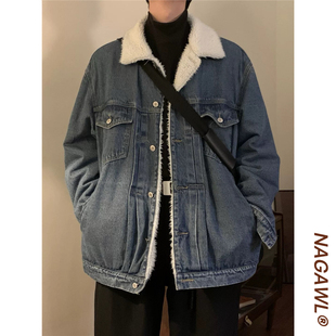 NAGAWL宽松美式复古潮牌街头水洗羊羔毛牛仔夹克棉服外套男女加厚