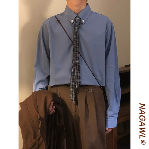 NAGAWL秋季美式学院风复古蓝色长袖衬衫男宽松翻领氛围感潮牌上衣