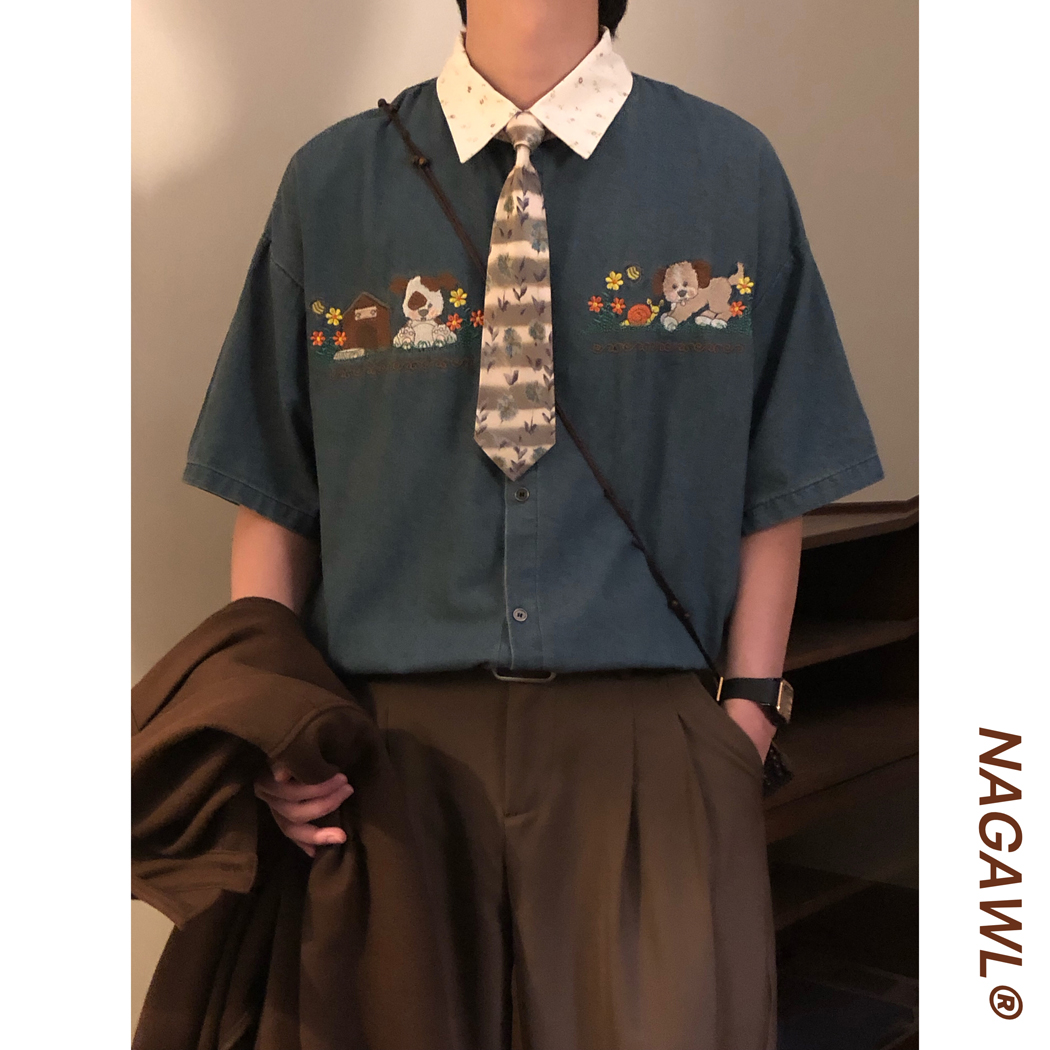 NAGAWL夏季美式复古宽松趣味小狗刺绣撞色领牛仔短袖衬衫上衣男女