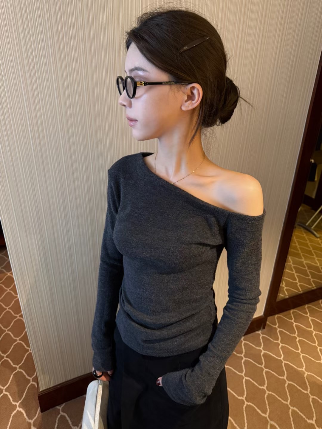 Allin正品25早秋新品斜肩打底衫长袖