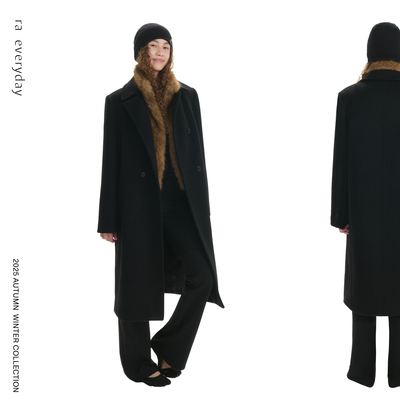 RA everyday “男友”双排扣羊毛呢长款大衣 黑色