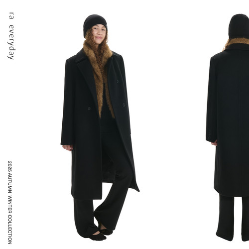 RA everyday “男友”双排扣羊毛呢长款大衣 黑色