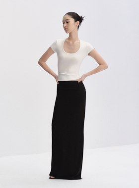 RA everyday“水滴领”沙漏短袖修身弹力T恤 黑色/白色/深紫/浅蓝