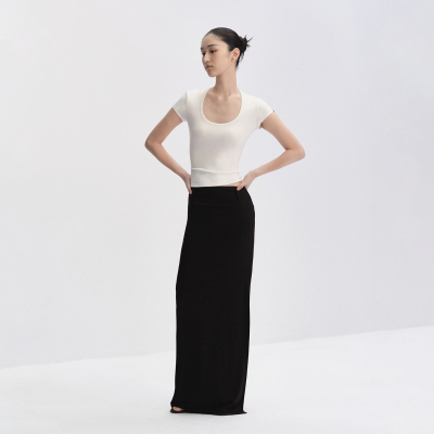 RA everyday“水滴领”沙漏短袖修身弹力T恤 黑色/白色/深紫/浅蓝