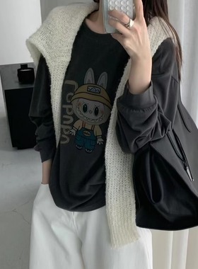 FROMSEVEN 圆领字母卡通图案宽松长袖T恤松弛感上衣