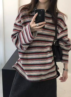 FROMSEVEN 复古老钱风翻领条纹拼色宽松长袖T恤POLO衫