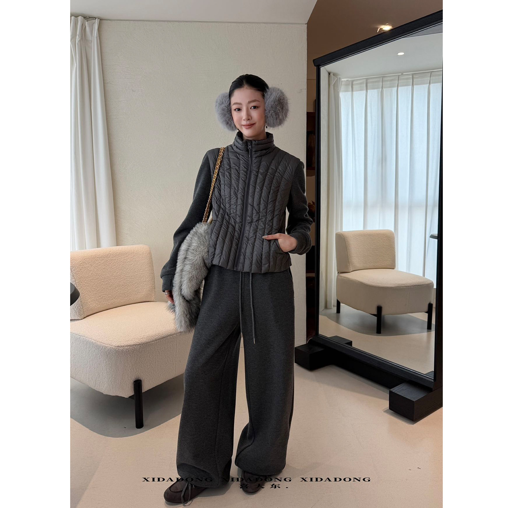 喜大东立领薄款羽绒服外套+抽绳松紧腰宽松阔腿加绒卫裤套装12693