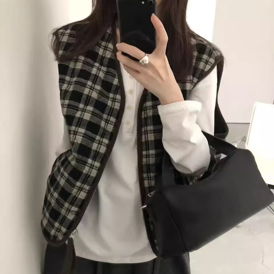 格子拼色薄棉马夹无袖背心外套